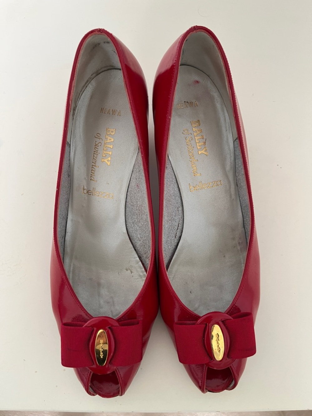 Bally Red Patent Leather Bow Peep-Toe Flats with Gold Accent, Size 8 US